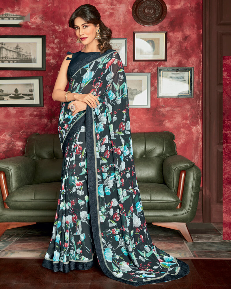 Vishal Prints Dark Teal Blue Printed Georgette Saree With Border