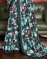 Vishal Prints Dark Teal Blue Printed Georgette Saree With Border