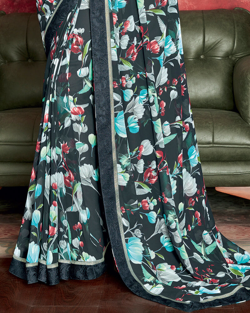 Vishal Prints Dark Teal Blue Printed Georgette Saree With Border