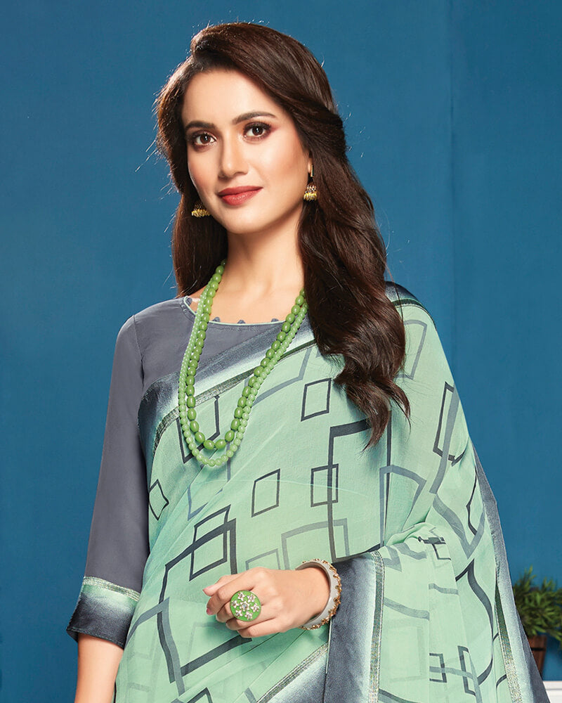 Vishal Prints Sea Green Printed Georgette Saree With Border