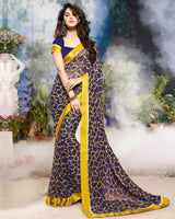 Vishal Prints Dark Blue Printed Georgette Saree With Border