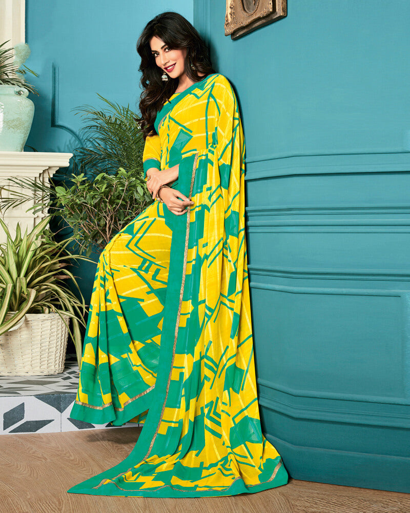 Vishal Prints Yellow Printed Georgette Saree With Border