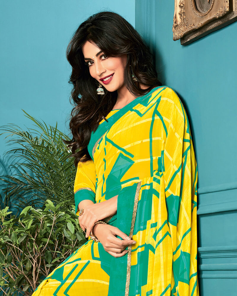 Vishal Prints Yellow Printed Georgette Saree With Border