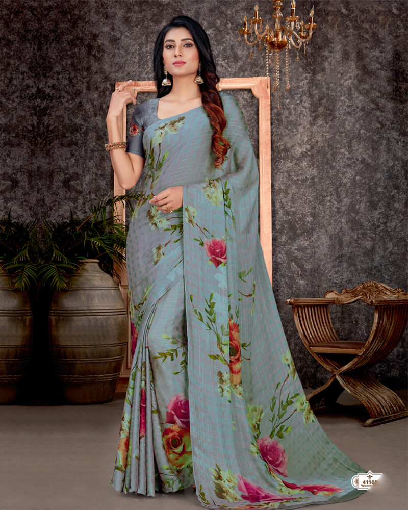 Vishal Prints Pastel Blue Patterned Digital Print Chiffon Saree