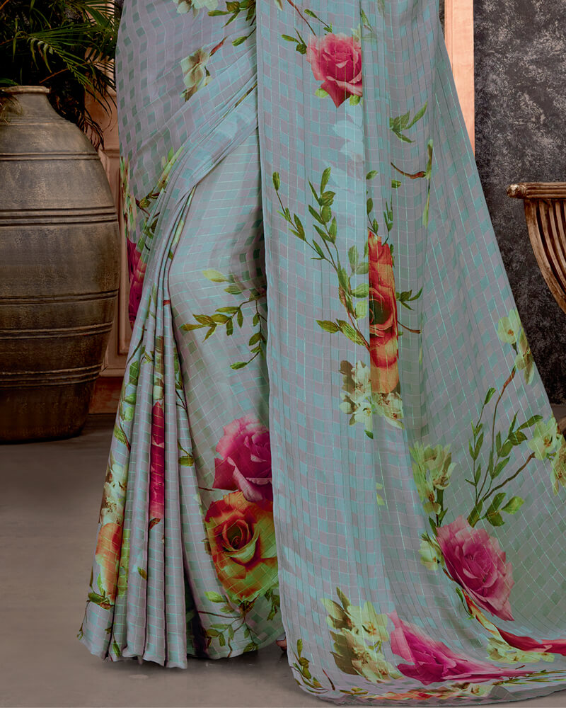 Vishal Prints Pastel Blue Patterned Digital Print Chiffon Saree