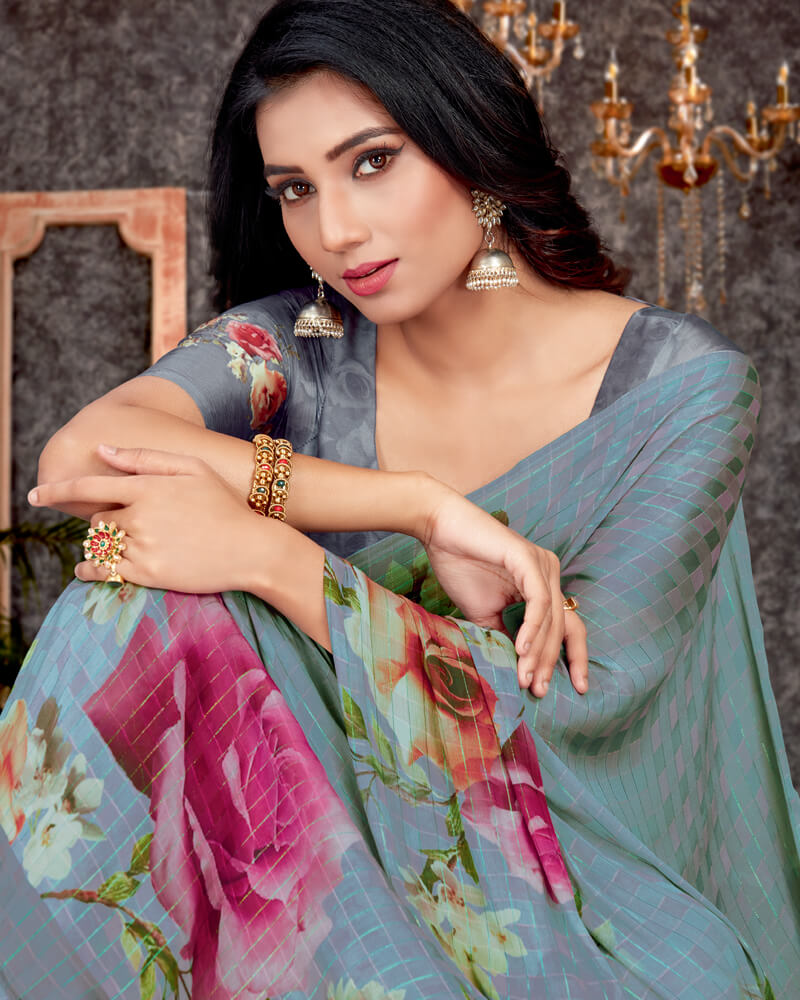 Vishal Prints Pastel Blue Patterned Digital Print Chiffon Saree