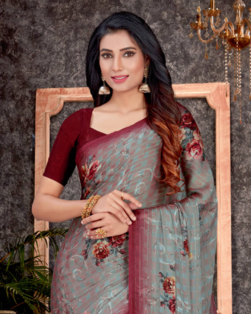 Vishal Prints Grey Patterned Digital Print Chiffon Saree