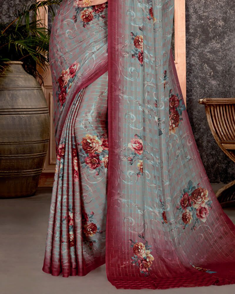 Vishal Prints Grey Patterned Digital Print Chiffon Saree