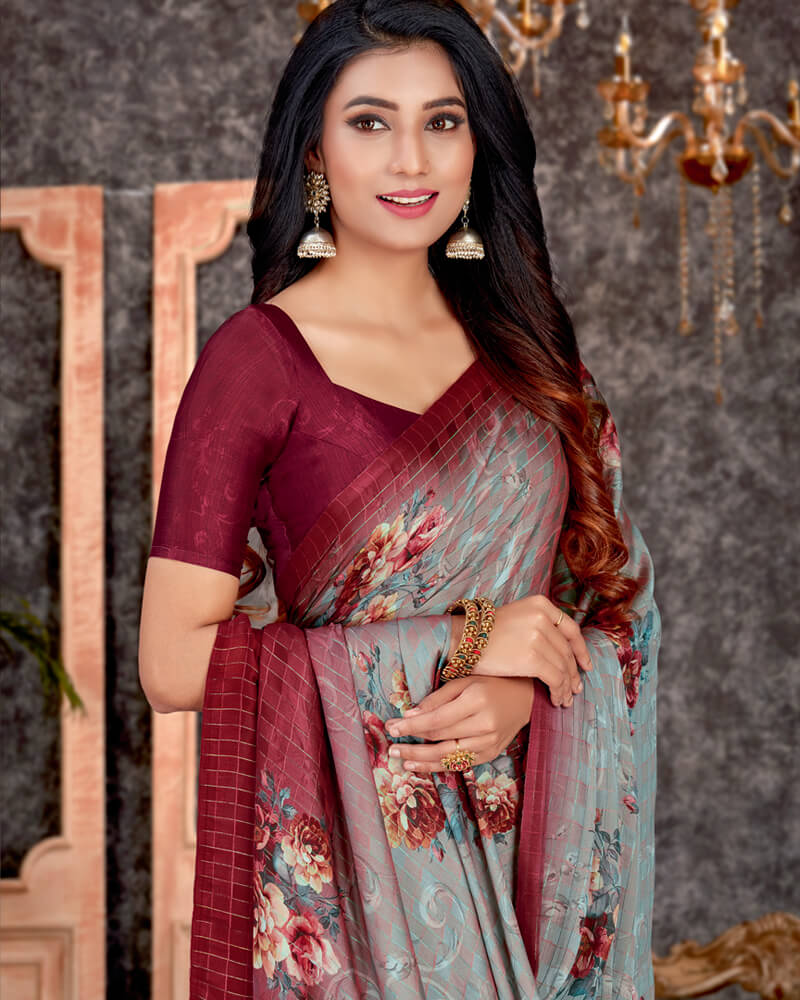 Vishal Prints Grey Patterned Digital Print Chiffon Saree