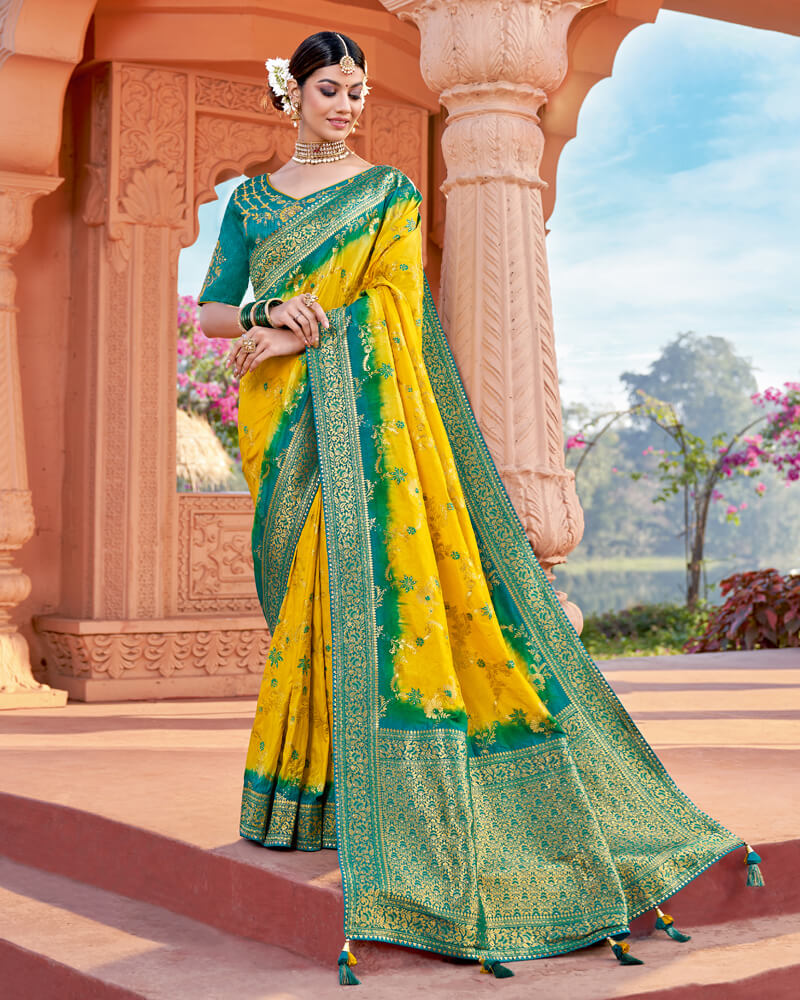 Vishal Prints Dark Yellow Art Silk Saree With Embroidery Work And Tassel