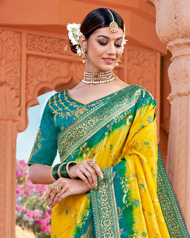 Vishal Prints Dark Yellow Art Silk Saree With Embroidery Work And Tassel