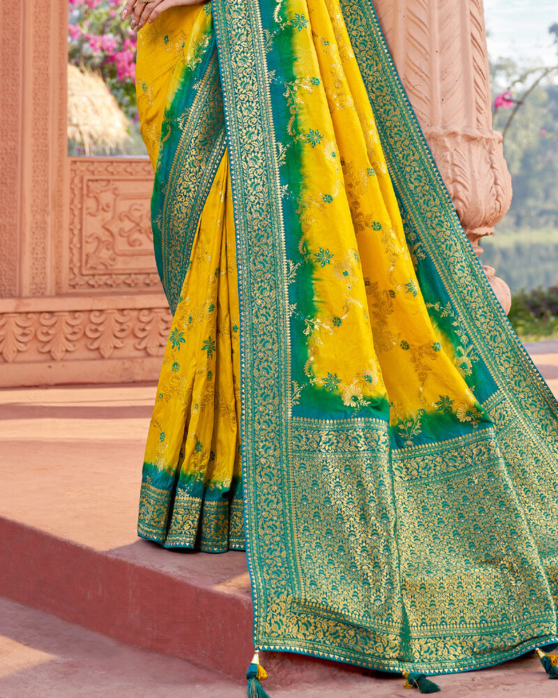Vishal Prints Dark Yellow Art Silk Saree With Embroidery Work And Tassel
