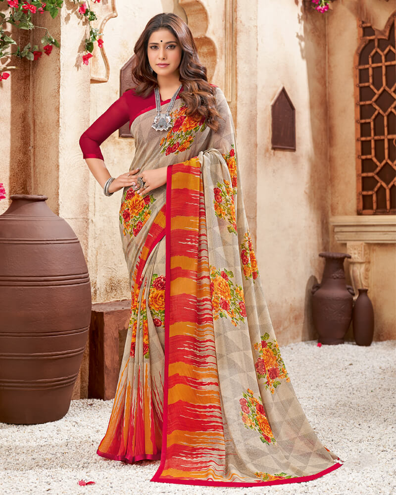 Vishal Prints Pastel Brown Printed Georgette Saree With Piping