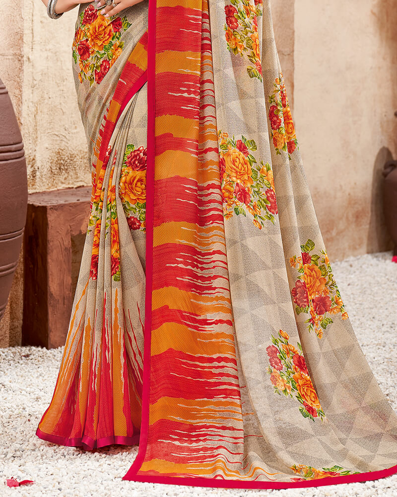 Vishal Prints Pastel Brown Printed Georgette Saree With Piping