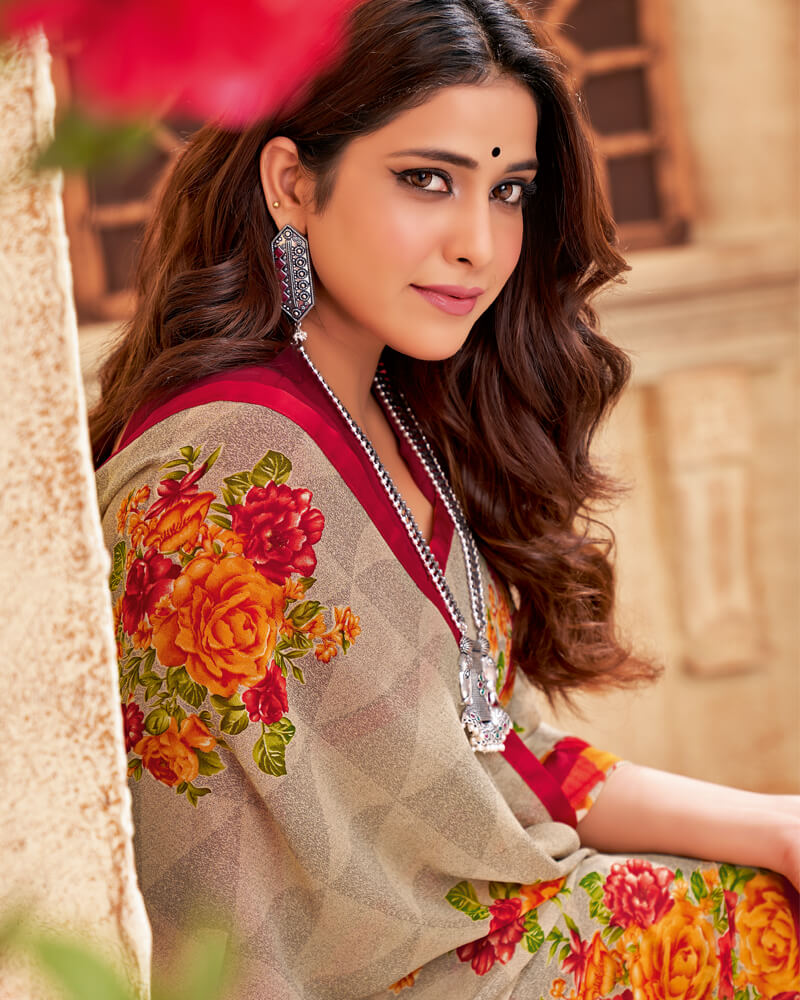 Vishal Prints Pastel Brown Printed Georgette Saree With Piping