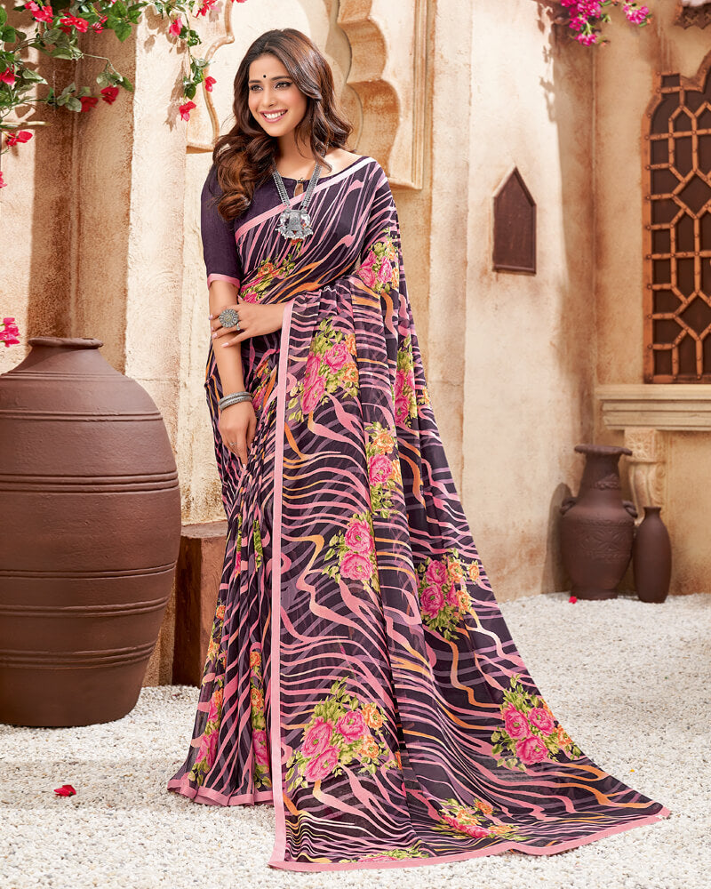 Vishal Prints Dark Violet Printed Georgette Saree With Piping