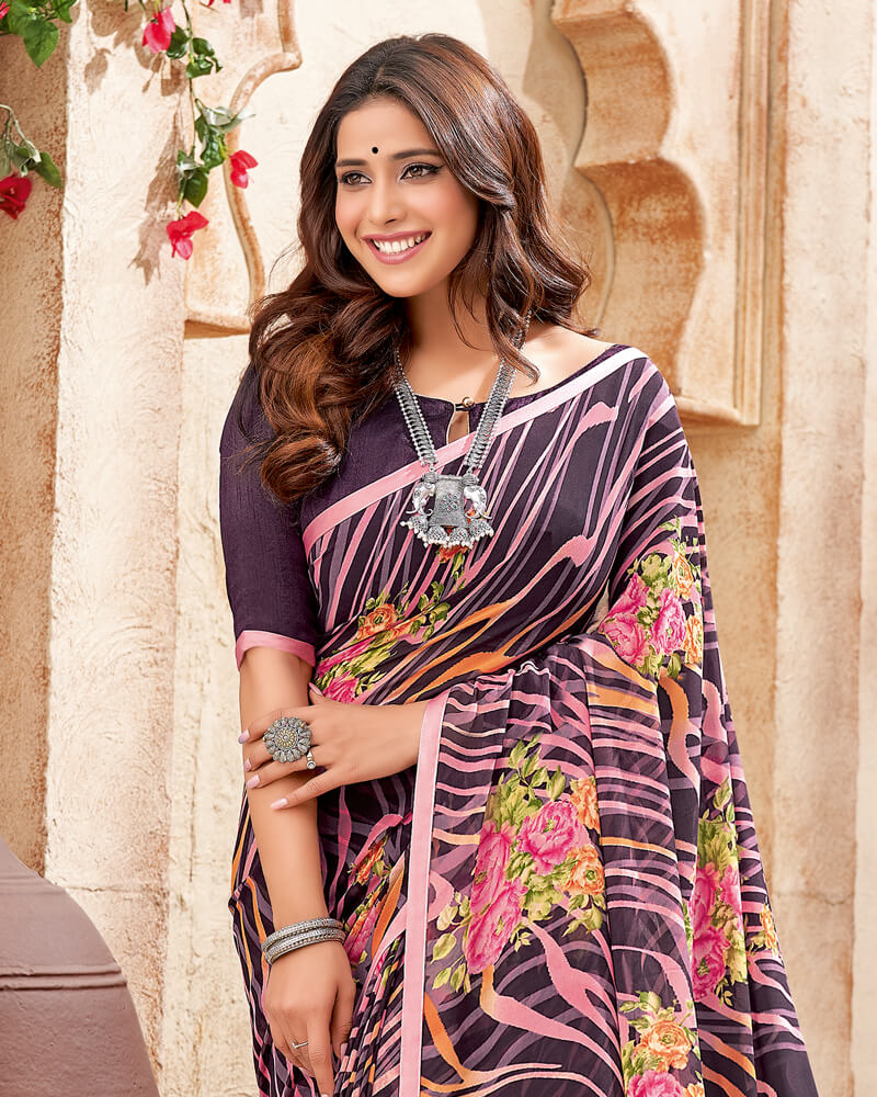 Vishal Prints Dark Violet Printed Georgette Saree With Piping