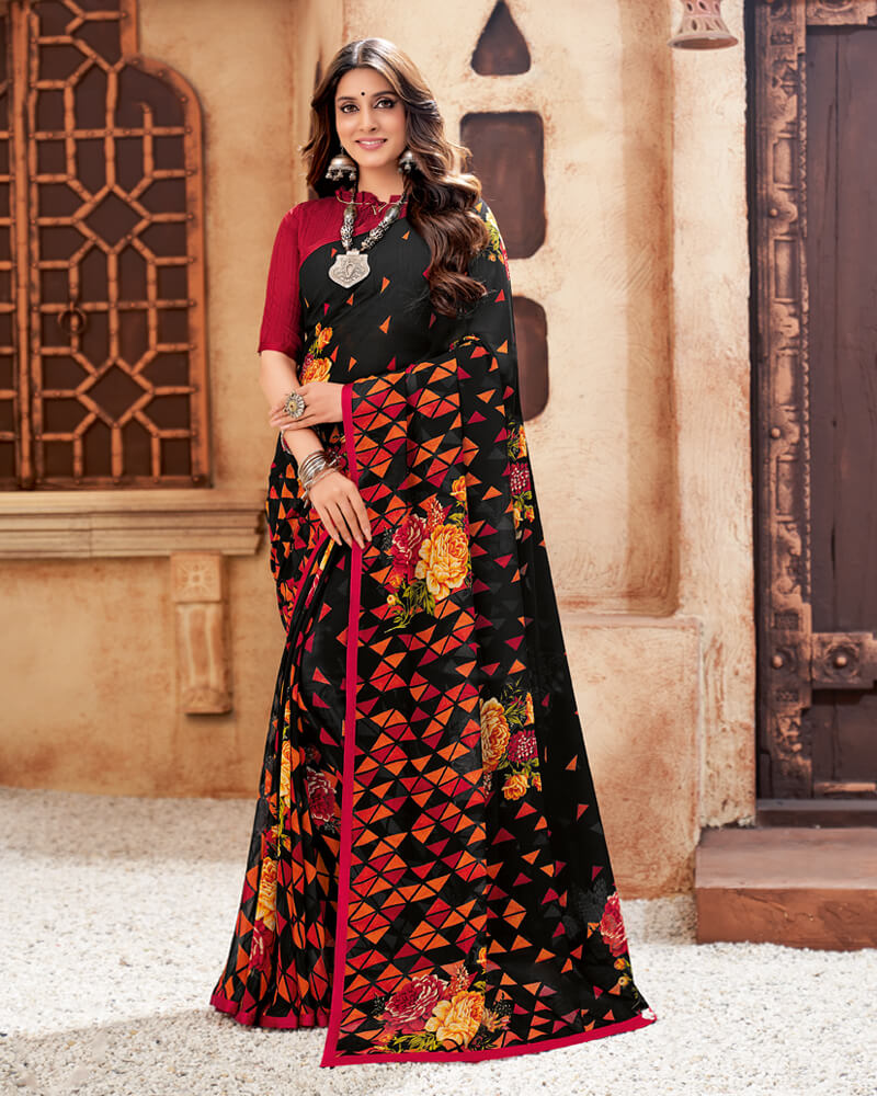 Vishal Prints Black Printed Georgette Saree With Piping