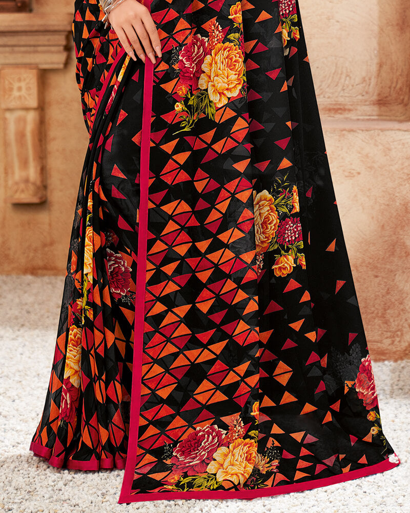 Vishal Prints Black Printed Georgette Saree With Piping
