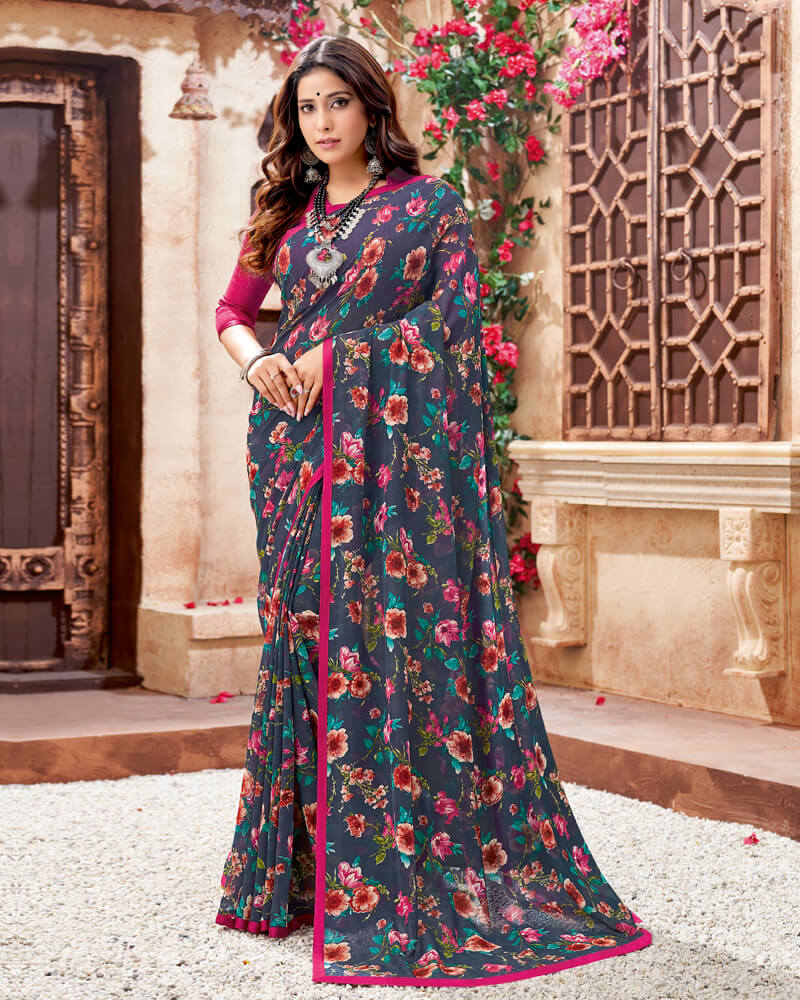 Vishal Prints Pastel Blue Printed Georgette Saree With Piping