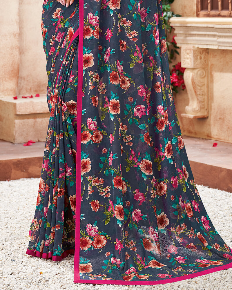 Vishal Prints Pastel Blue Printed Georgette Saree With Piping