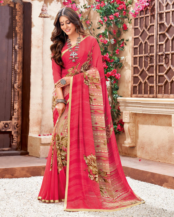 Vishal Prints Red Pink Printed Georgette Saree With Piping