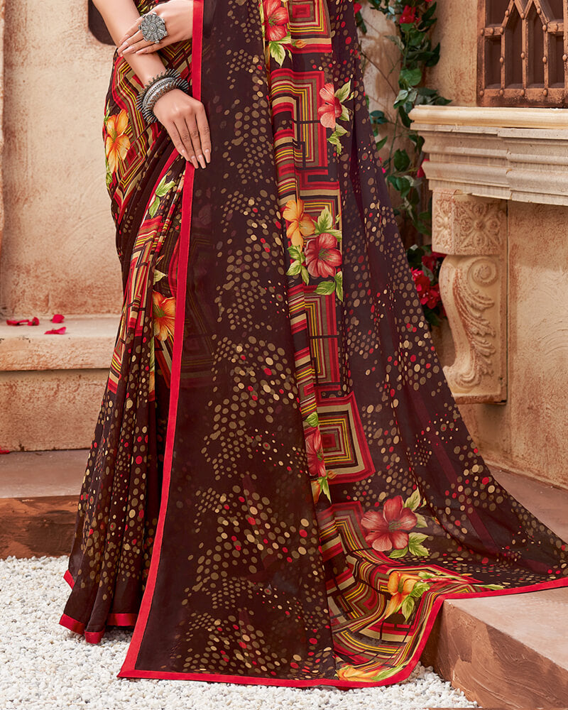 Vishal Prints Brown Printed Georgette Saree With Piping