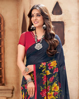 Vishal Prints Navy Blue Printed Georgette Saree With Piping