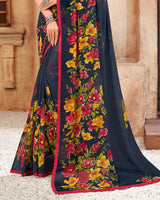 Vishal Prints Navy Blue Printed Georgette Saree With Piping