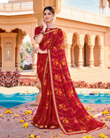 Vishal Prints Cherry Red Printed Georgette Saree With Border