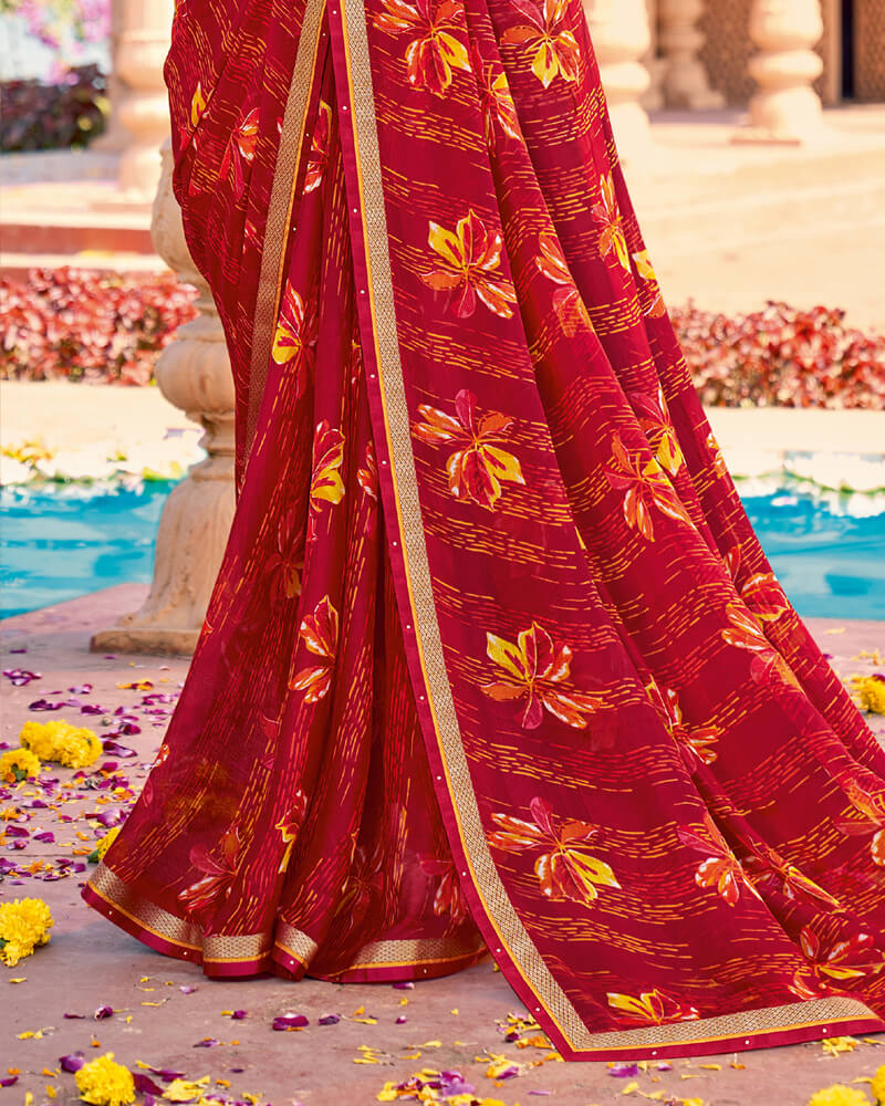 Vishal Prints Cherry Red Printed Georgette Saree With Border