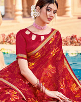 Vishal Prints Cherry Red Printed Georgette Saree With Border