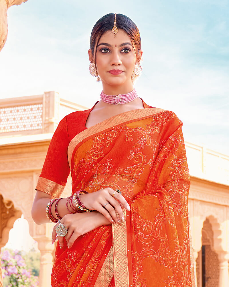 Vishal Prints Dark Orange Printed Georgette Saree With Border