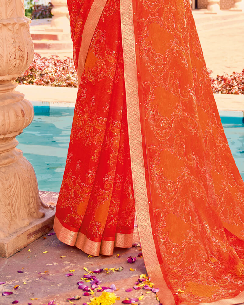 Vishal Prints Dark Orange Printed Georgette Saree With Border