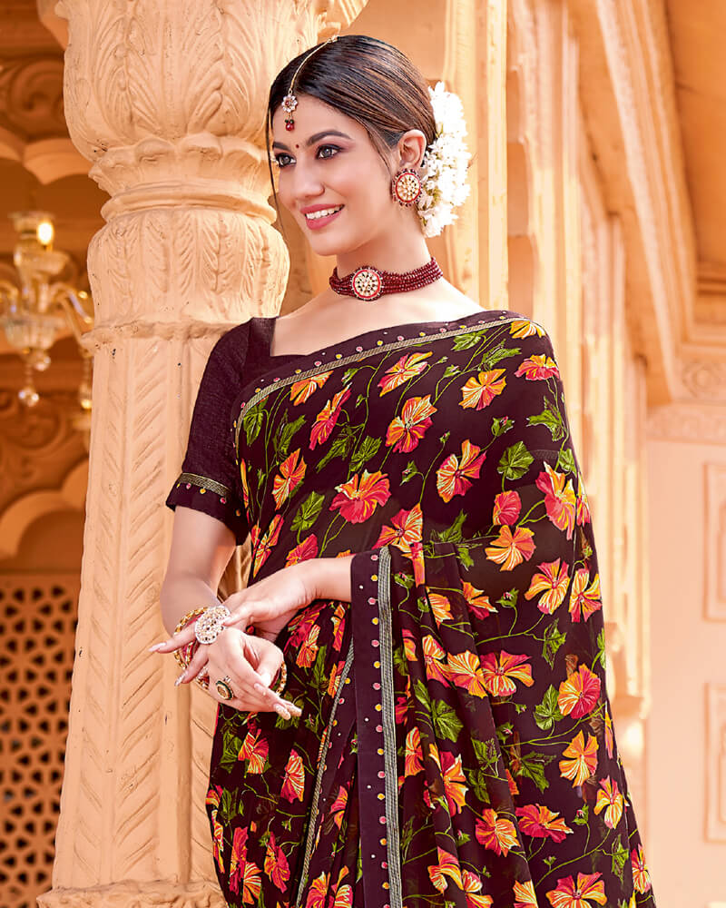 Vishal Prints Brown Printed Georgette Saree With Border