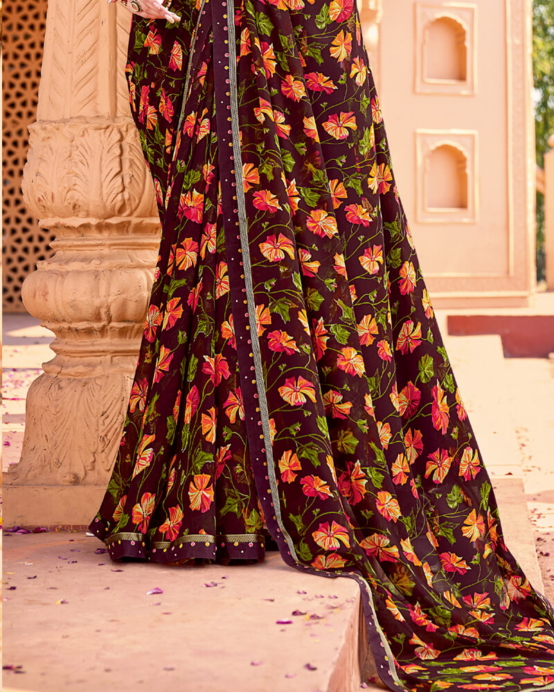 Vishal Prints Brown Printed Georgette Saree With Border