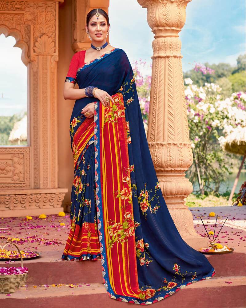 Vishal Prints Ink Blue Printed Georgette Saree With Border