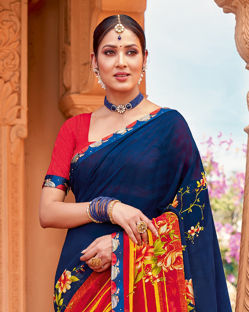 Vishal Prints Ink Blue Printed Georgette Saree With Border