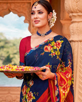 Vishal Prints Ink Blue Printed Georgette Saree With Border