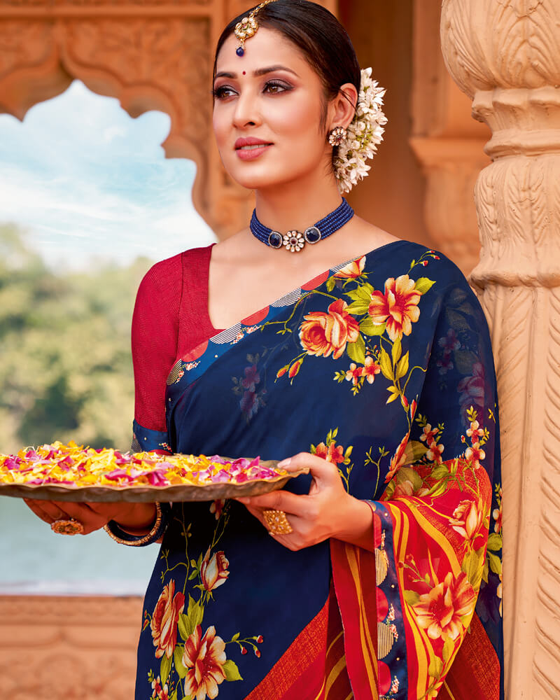 Vishal Prints Ink Blue Printed Georgette Saree With Border