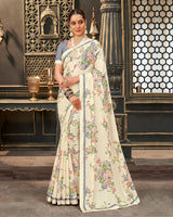 Vishal Prints Off White Printed Crepe Saree With Border