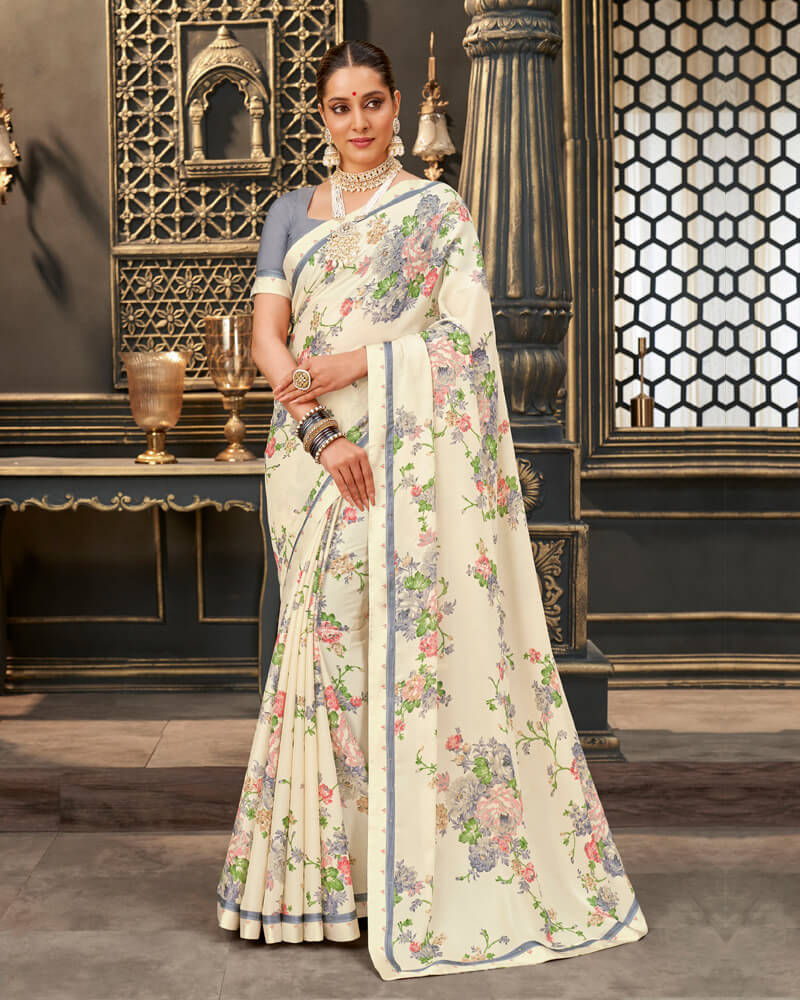 Vishal Prints Off White Printed Crepe Saree With Border