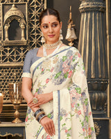 Vishal Prints Off White Printed Crepe Saree With Border