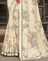 Vishal Prints Off White Printed Crepe Saree With Border