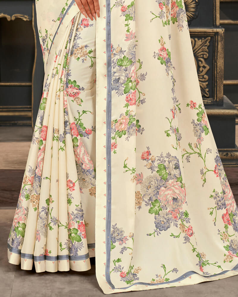 Vishal Prints Off White Printed Crepe Saree With Border