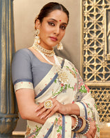 Vishal Prints Off White Printed Crepe Saree With Border