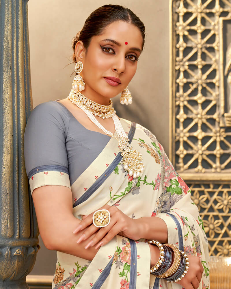 Vishal Prints Off White Printed Crepe Saree With Border