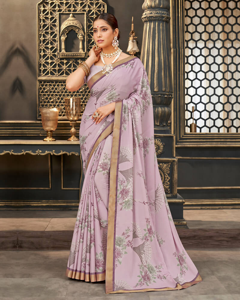 Vishal Prints Light Pink Printed Crepe Saree With Border