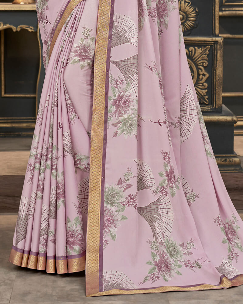 Vishal Prints Light Pink Printed Crepe Saree With Border