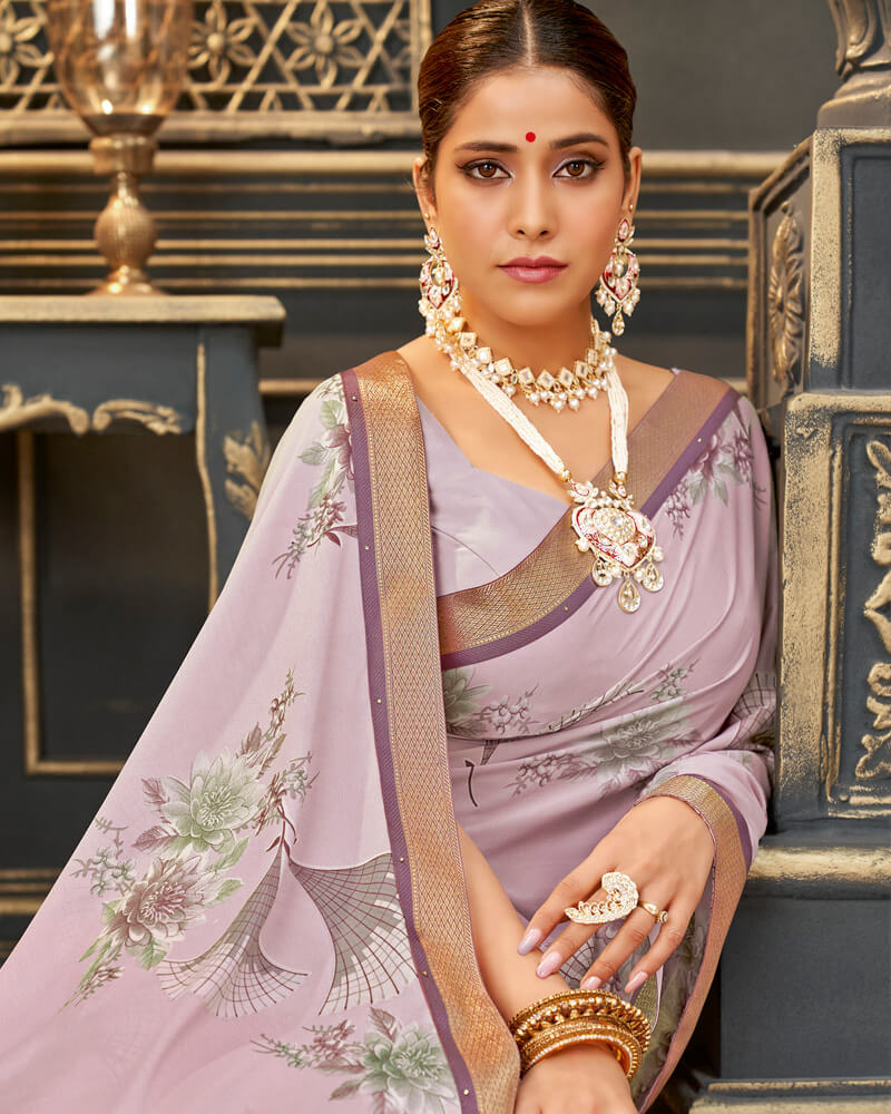 Vishal Prints Light Pink Printed Crepe Saree With Border